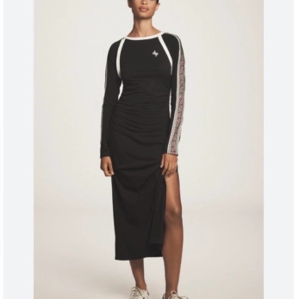 Long-Sleeve Black Midi Dress with White Trim and Decorative Sleeve